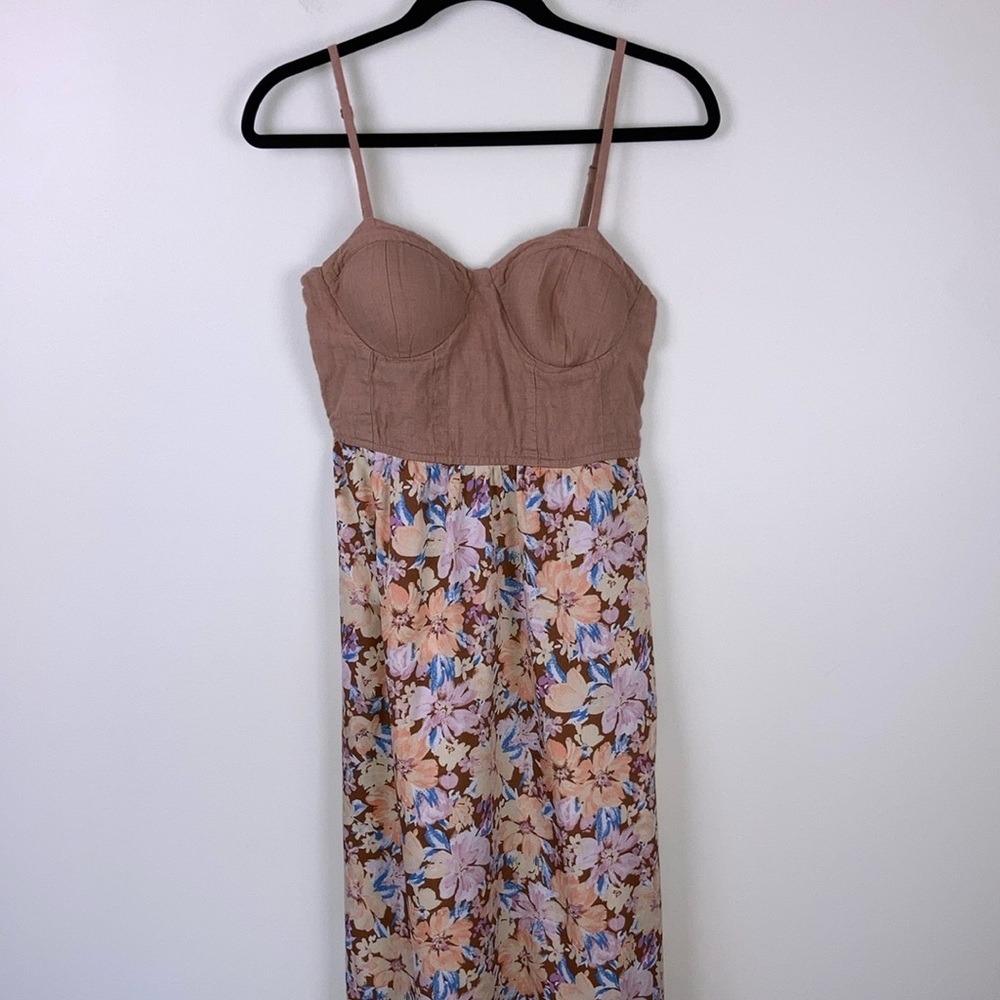 Band Of The Free Floral Maxi Dress Bustier Women’s Size Medium Linen Smocked Tan